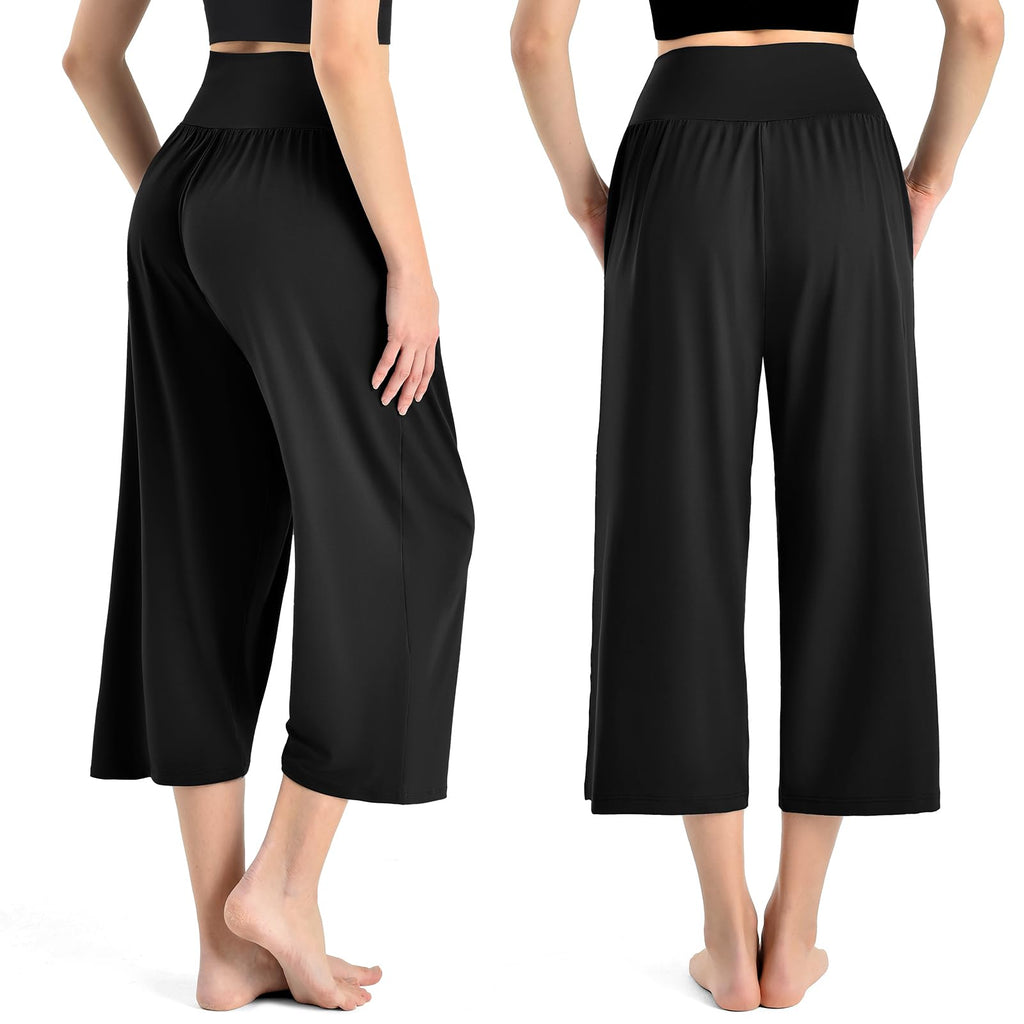 Ipletix Capri Pants For Women Casual Gaucho Wide-Leg 25" Black M
