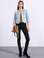 Allegra K Women's Denim Cardigan 3/4 Sleeve Collarless Jean Jackets - Sky Blue