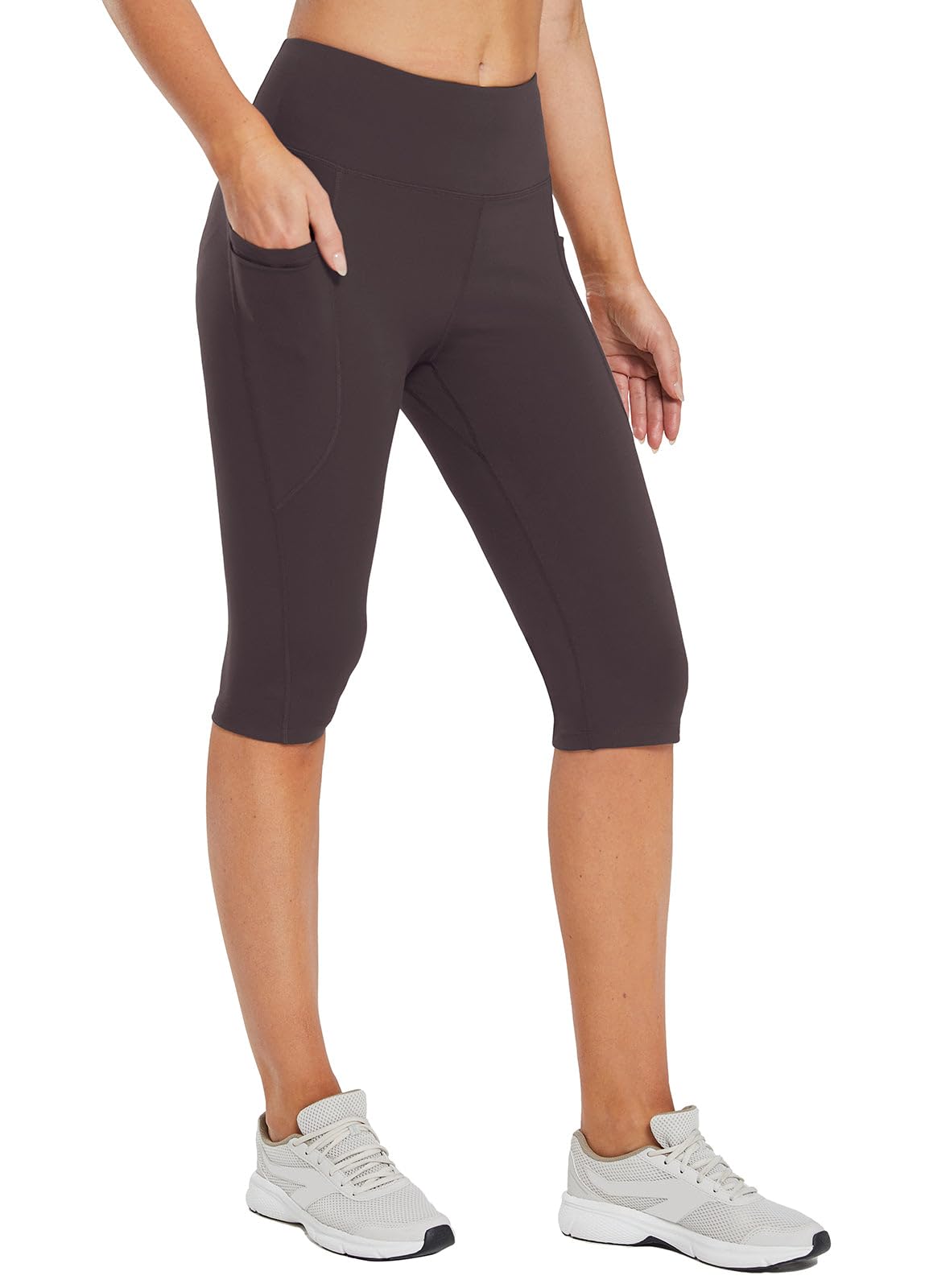 Baleaf Women's Capri Leggings Knee Length Upgraded Fabric Seal Brown S
