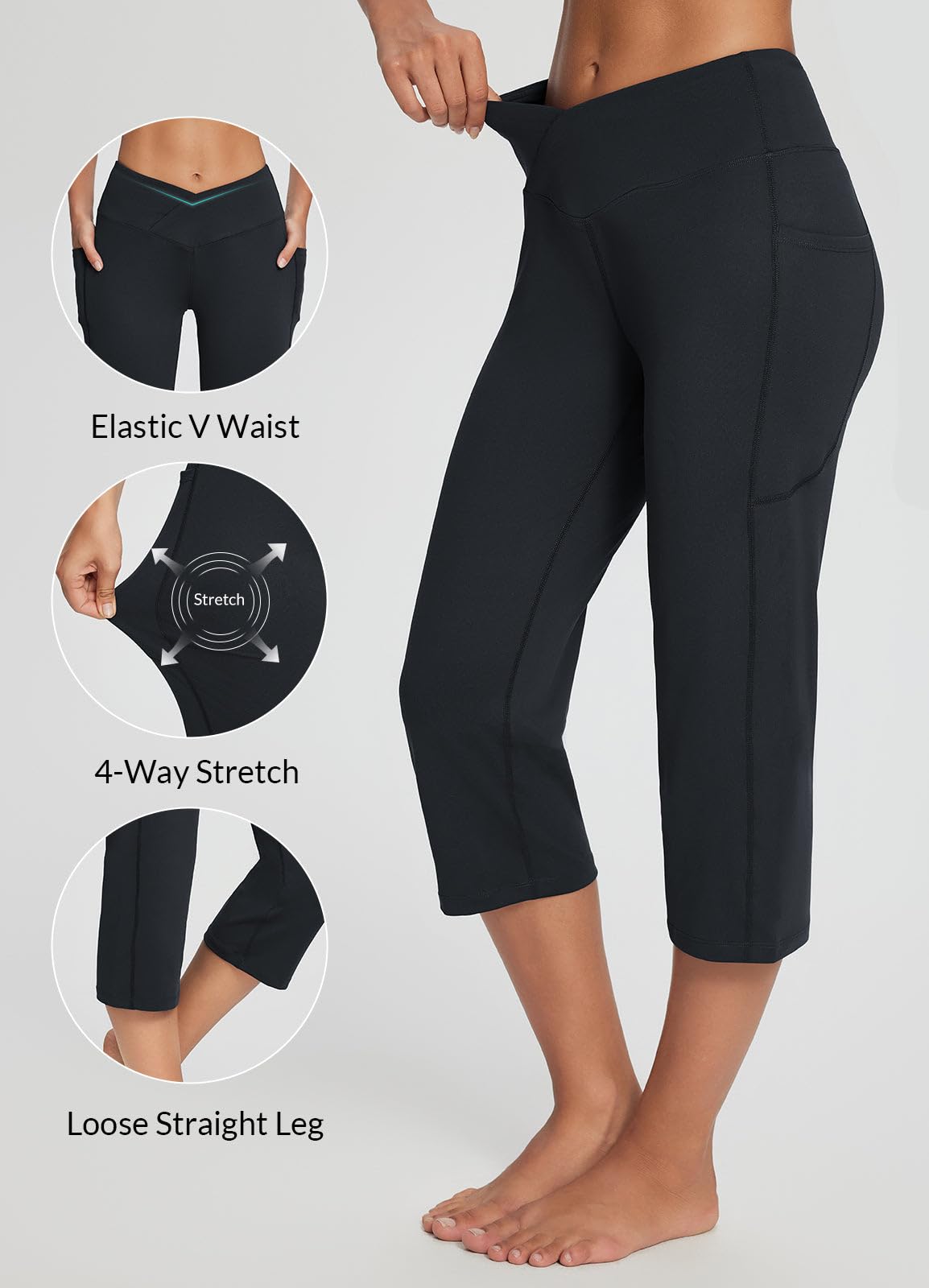 Baleaf Women's V Crossover Waist Capri Pants Straight-Leg Black Xs