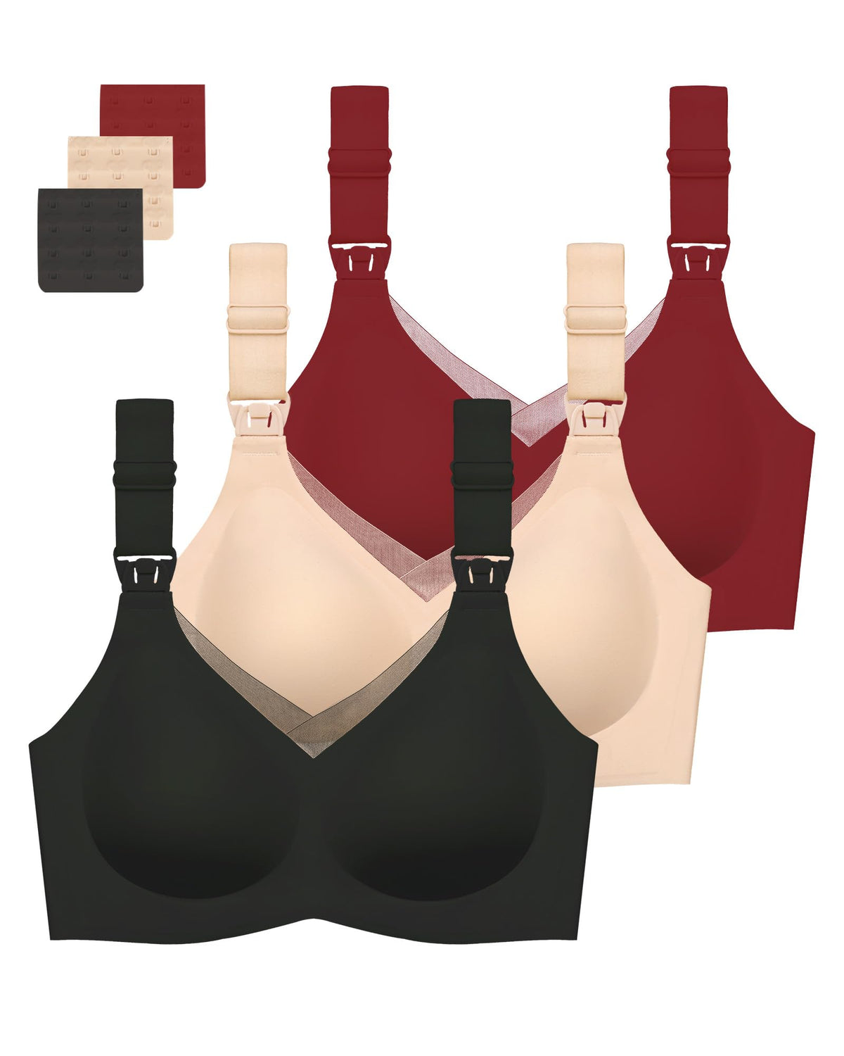 Women's Gailife 3 Pack for Breastfeeding Seamless V Neck Mesh Comfort Pregnancy Sleep Bralette L, Black/beige/dark Red Nursing Bra