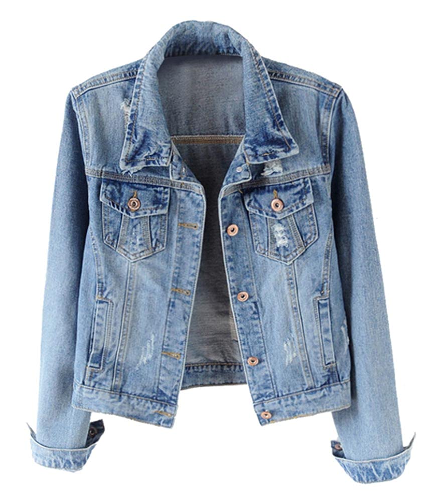 Kedera Womens Denim Jackets Distressed Ripped Long Sleeve Jean Jacket Coats - Blue