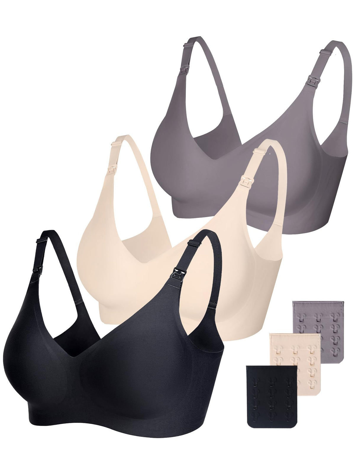 Women's Vinfact 3 Pack Smooth for Breastfeeding Seamless for Pregnancy Wireless Bralette with Extra Extender-s/black+beige+grey Nursing Bra