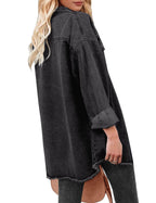 Vetinee Women's Western Jackets For Women Oversized Boyfriend Black Front Button Up Frayed Raw Hem Long Sleeve Pockets Denim Jean Jacket