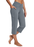 Baleaf Women's V Crossover Waist Capri Pants Straight-Leg Dark Grey L