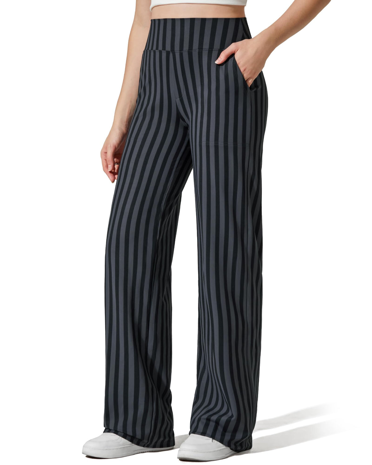 G4free Wide-Leg Pants For Women High-Waist Grey And Black Stripe Xs