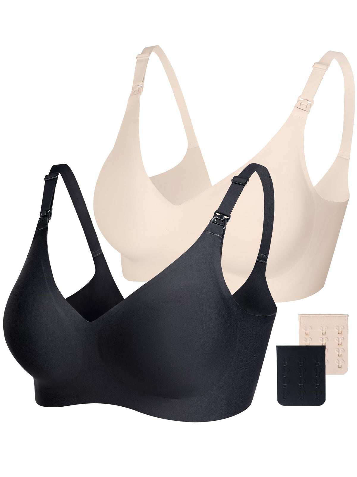 Women's Vinfact Smooth for Breastfeeding Seamless for Pregnancy Wireless Bralette with Extra Extender 3x-large, 2pack-black/beige Nursing Bra