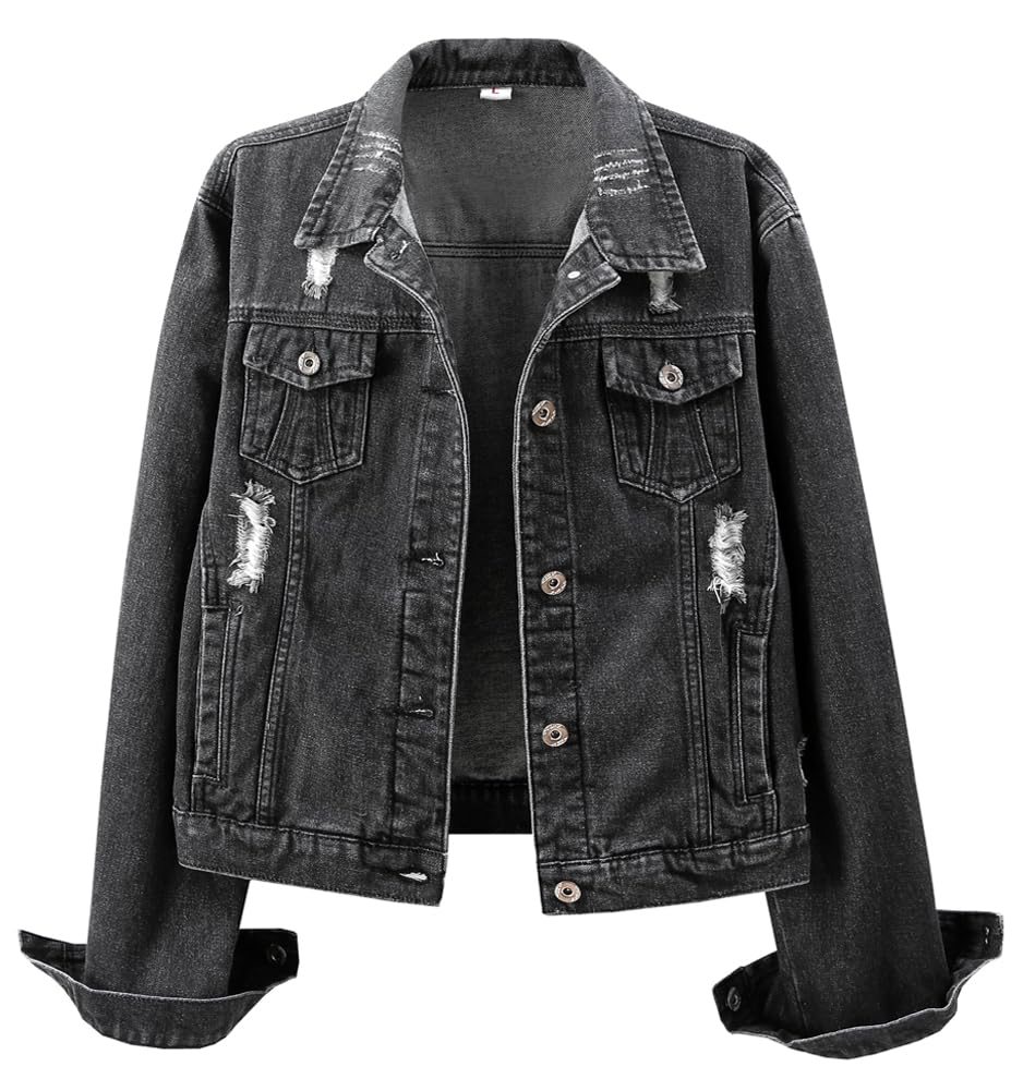 Kedera Womens Denim Jacket Distressed Ripped Jean Button Down Light Jackets - Charcoal Black