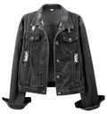 Kedera Womens Denim Jacket Distressed Ripped Jean Button Down Light Jackets - Charcoal Black
