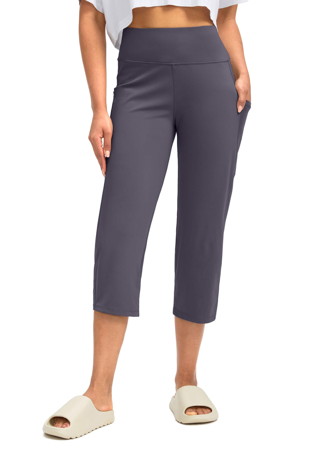 Capri Pants For Women High-Waist Workout Yoga With Pockets - Purple