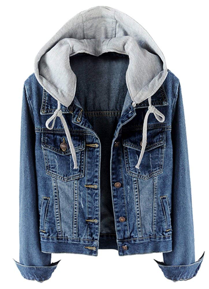Lifeshe Women's Casual Detachable Hoodie Denim Jacket - B-deep Blue