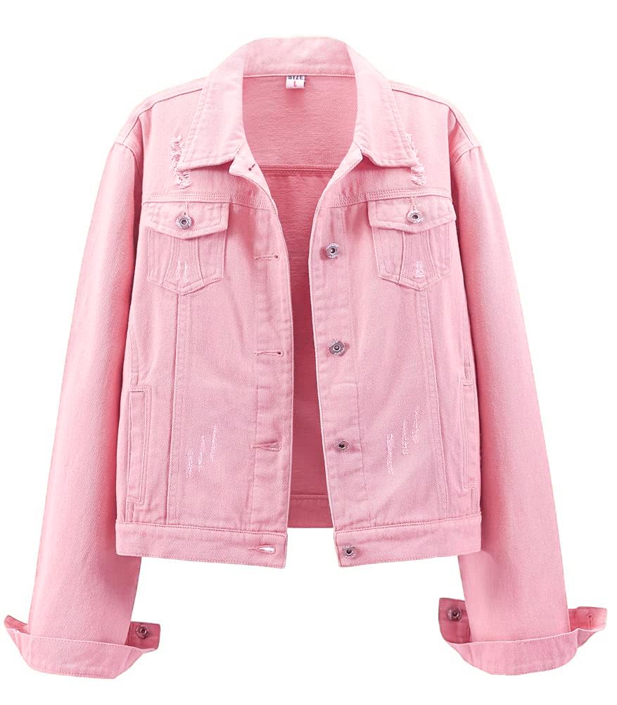 Kedera Womens Denim Jackets Distressed Ripped Long Sleeve Jean Jacket Coats - W-pink