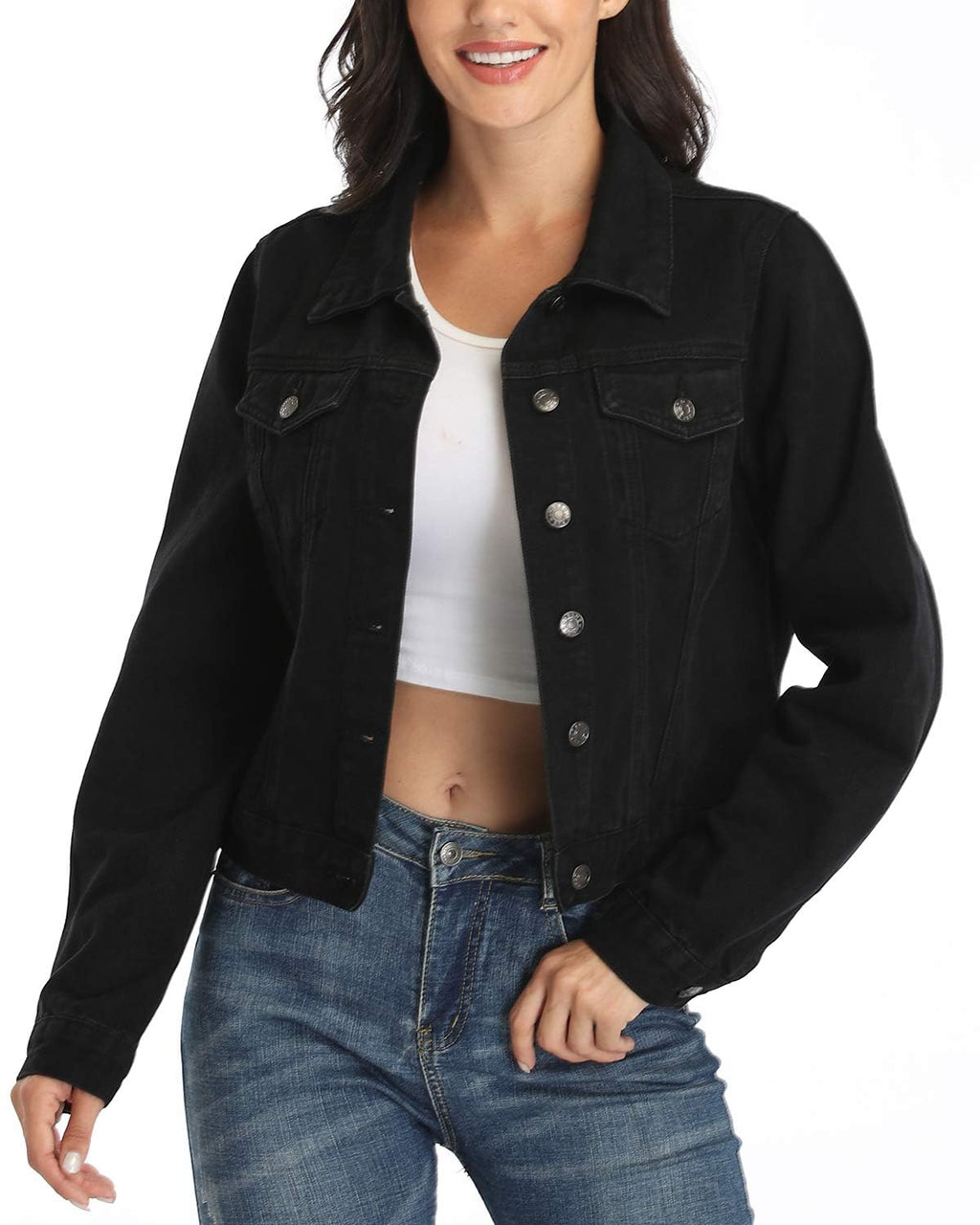 Andy & Natalie Jean Jacket Women Trendy Long Sleeve Basic Button Down Cropped Denim Jackets With Pockets Black X-large