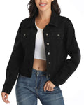 Andy & Natalie Jean Jacket Women Trendy Long Sleeve Basic Button Down Cropped Denim Jackets With Pockets Black Large