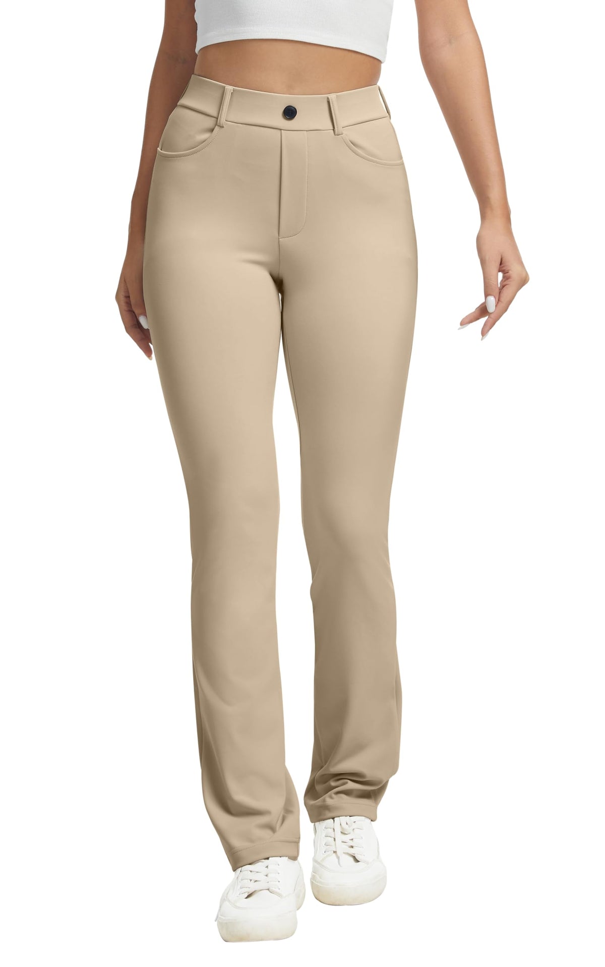 Vimpep Yoga Pants Women Straight-Leg With Pockets High-Waist - Khaki