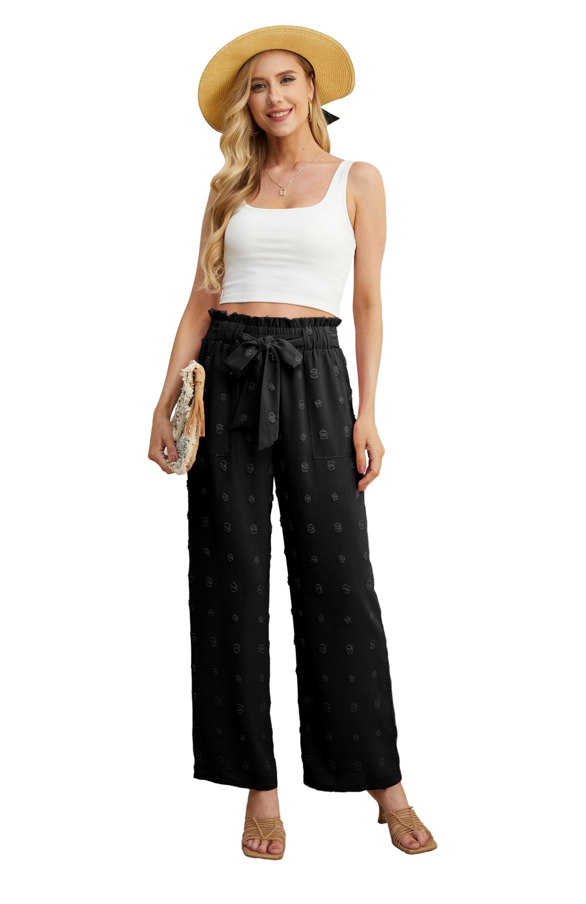 Iwollence High-Waist Wide-Leg Trousers Adjustable Knot Palazzo Pants