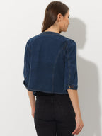 Allegra K Women's Denim Cardigan 3/4 Sleeve Collarless Jean Jackets - Dark Blue