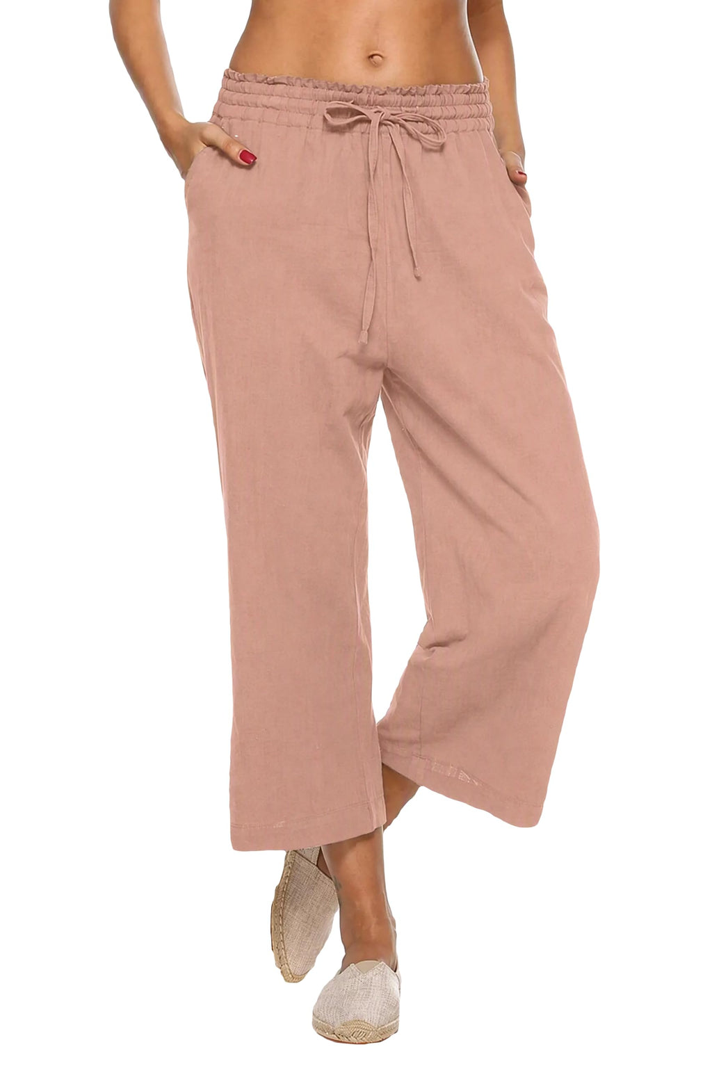 Lnx Women's Linen Capri Pants Wide-Leg High-Waisted Drawstring Casual