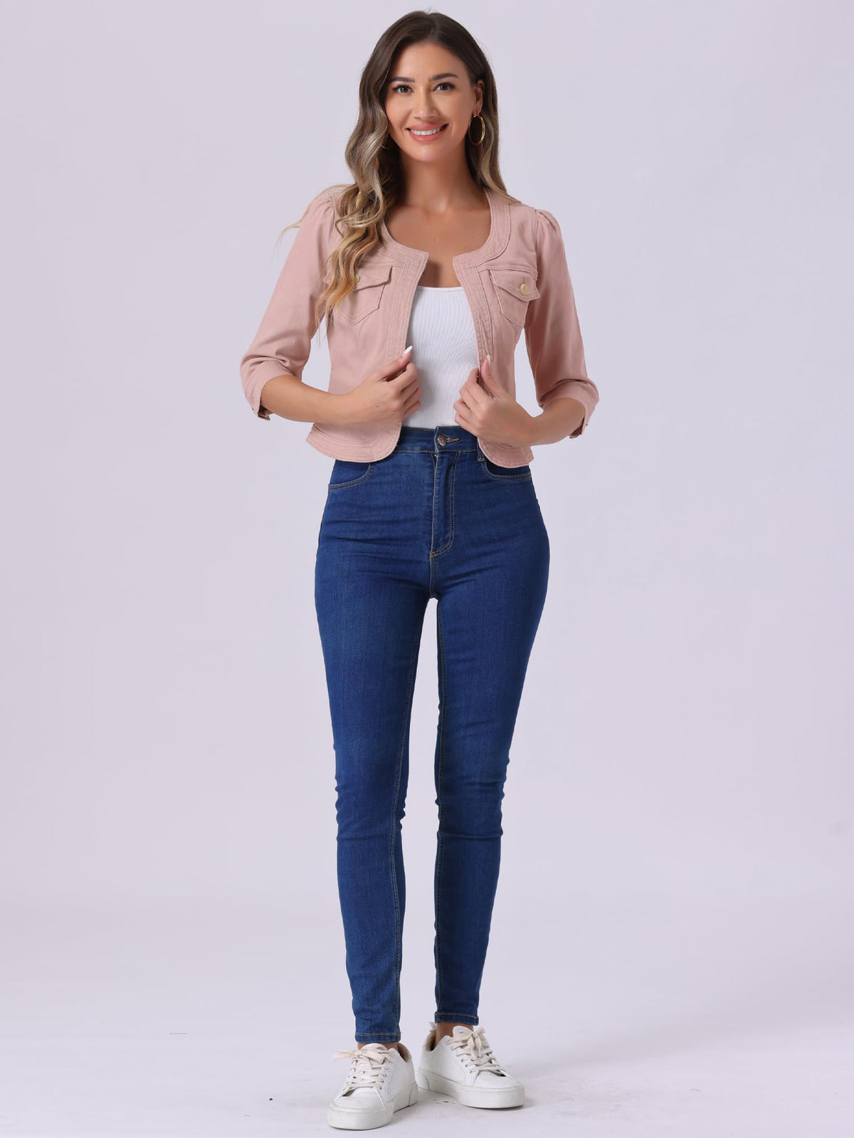 Allegra K Women's Denim Cardigan 3/4 Sleeve Collarless Jean Jackets - Pink