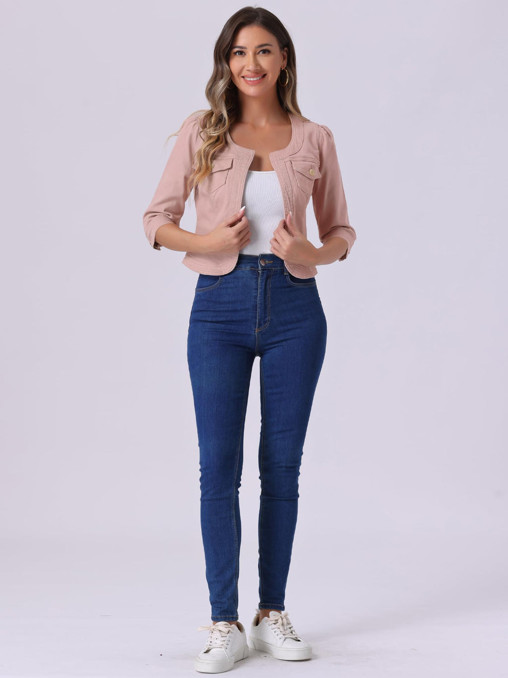 Allegra K Women's Denim Cardigan 3/4 Sleeve Collarless Jean Jackets - Pink