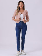 Allegra K Women's Denim Cardigan 3/4 Sleeve Collarless Jean Jackets - Pink