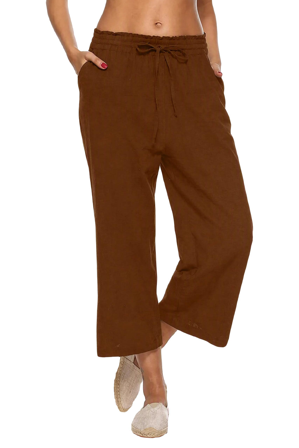 Lnx Women's Linen Pants Wide-Leg High-Waisted Capri With - Caramel