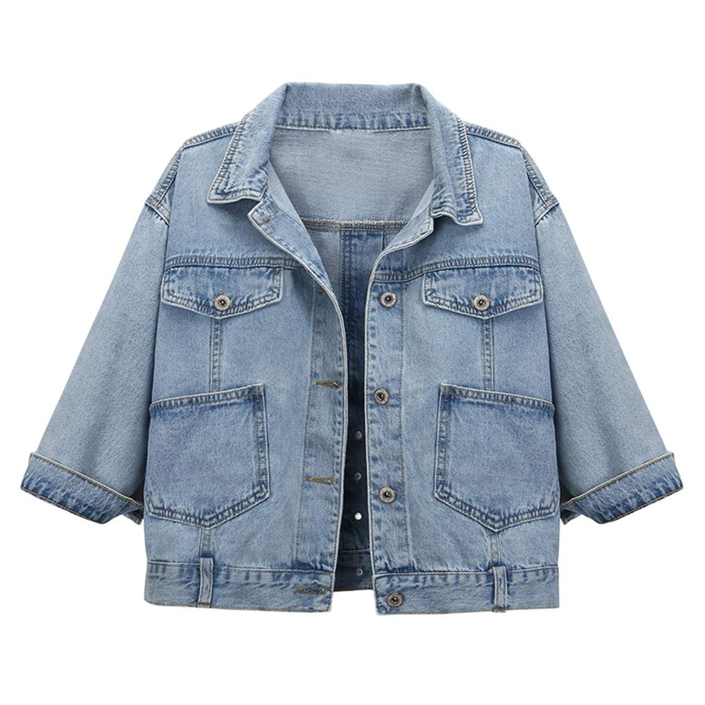 Hixiaohe Spring Summer Jean Jacket For Women Trendy Half Sleeve Button Down Short Denim Retro Cropped Trucker Coat - 06blue