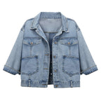 Hixiaohe Spring Summer Jean Jacket For Women Trendy Half Sleeve Button Down Short Denim Retro Cropped Trucker Coat - 06blue