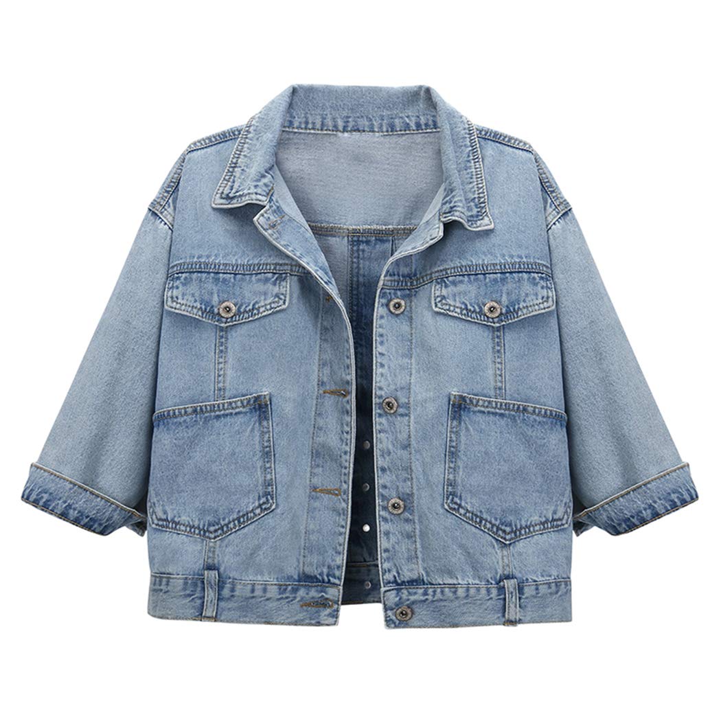 Hixiaohe Spring Summer Jean Jacket For Women Trendy Half Sleeve Button Down Short Denim Retro Cropped Trucker Coat - 06blue