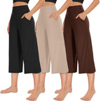 New Young 3 Pack Women's Wide-Leg Capri Pants With Pockets High-Waist