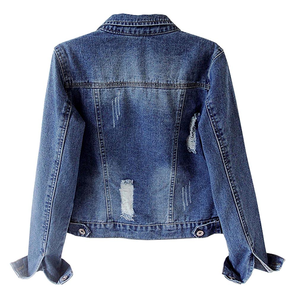 Kedera Womens Casual Button Up Long Sleeve Denim Trucker Jacket Distressed Ripped Jackets Jean For Women With Pockets - Dark Blue