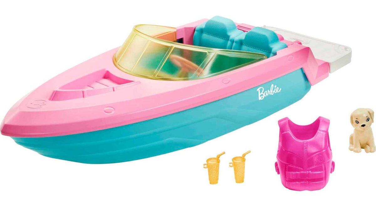 Barbie Boat with Puppy and Themed Accessories, Fits 3 Dolls, Floats in Water, Great Gift for 3 to 7 Year Olds