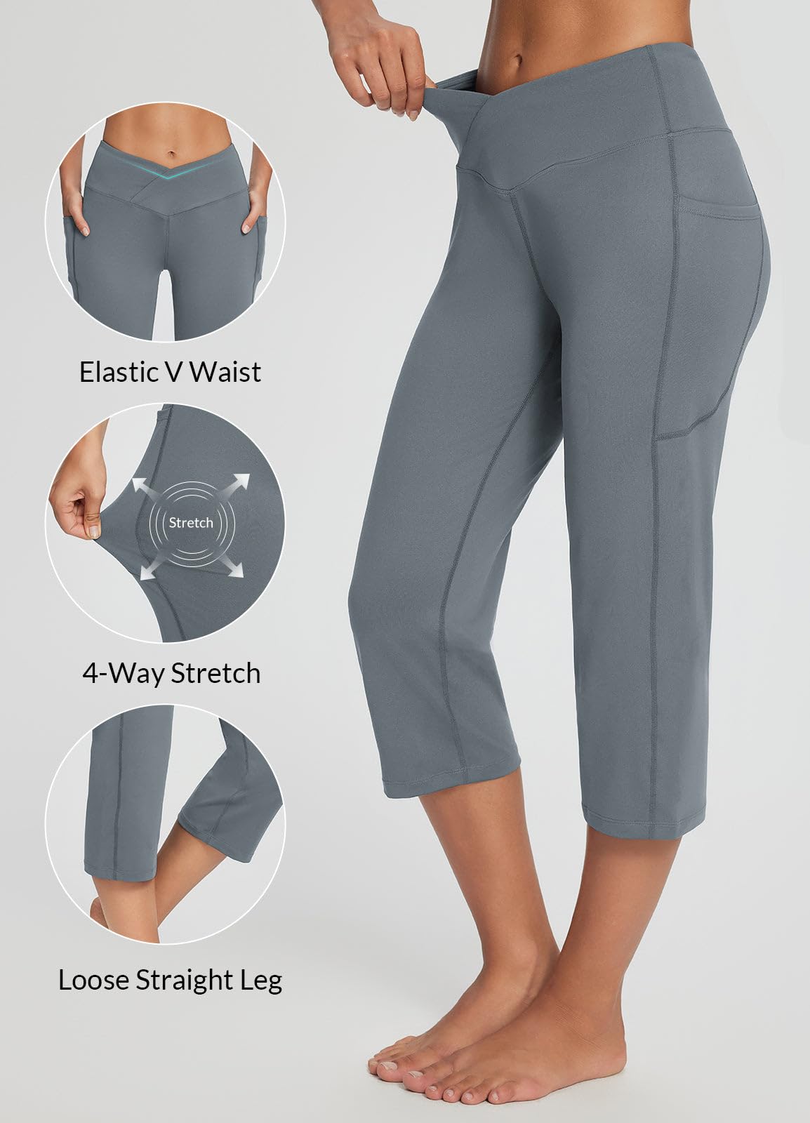 Baleaf Women's V Crossover Waist Capri Pants Straight-Leg Dark Grey L