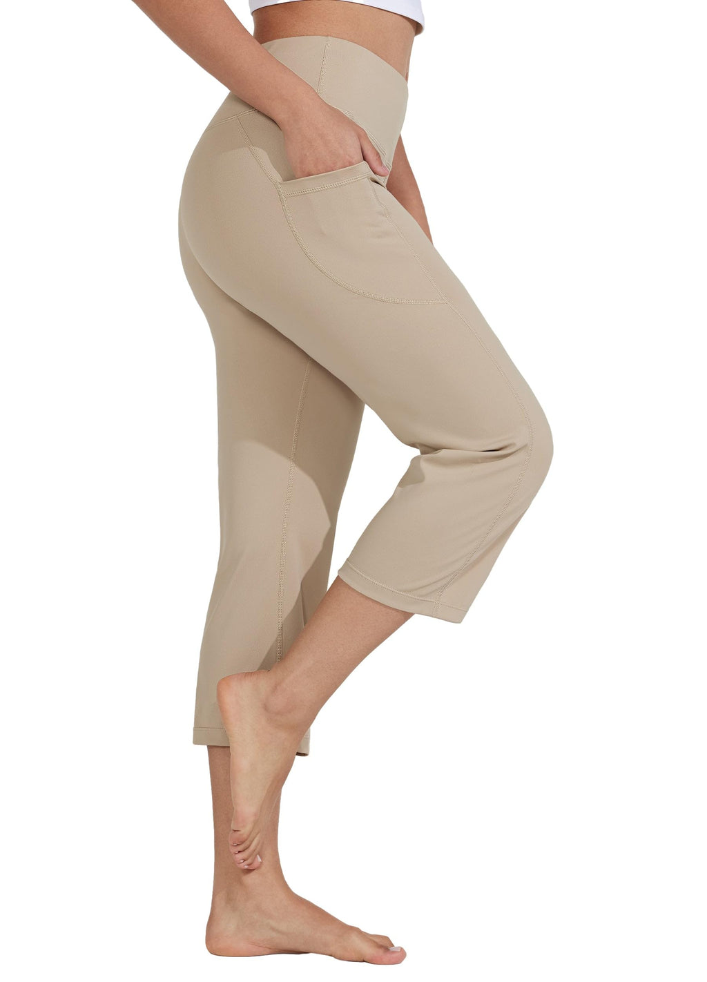Willit Women's Yoga Capris Pants High-Waist Leggings Crop - Khaki