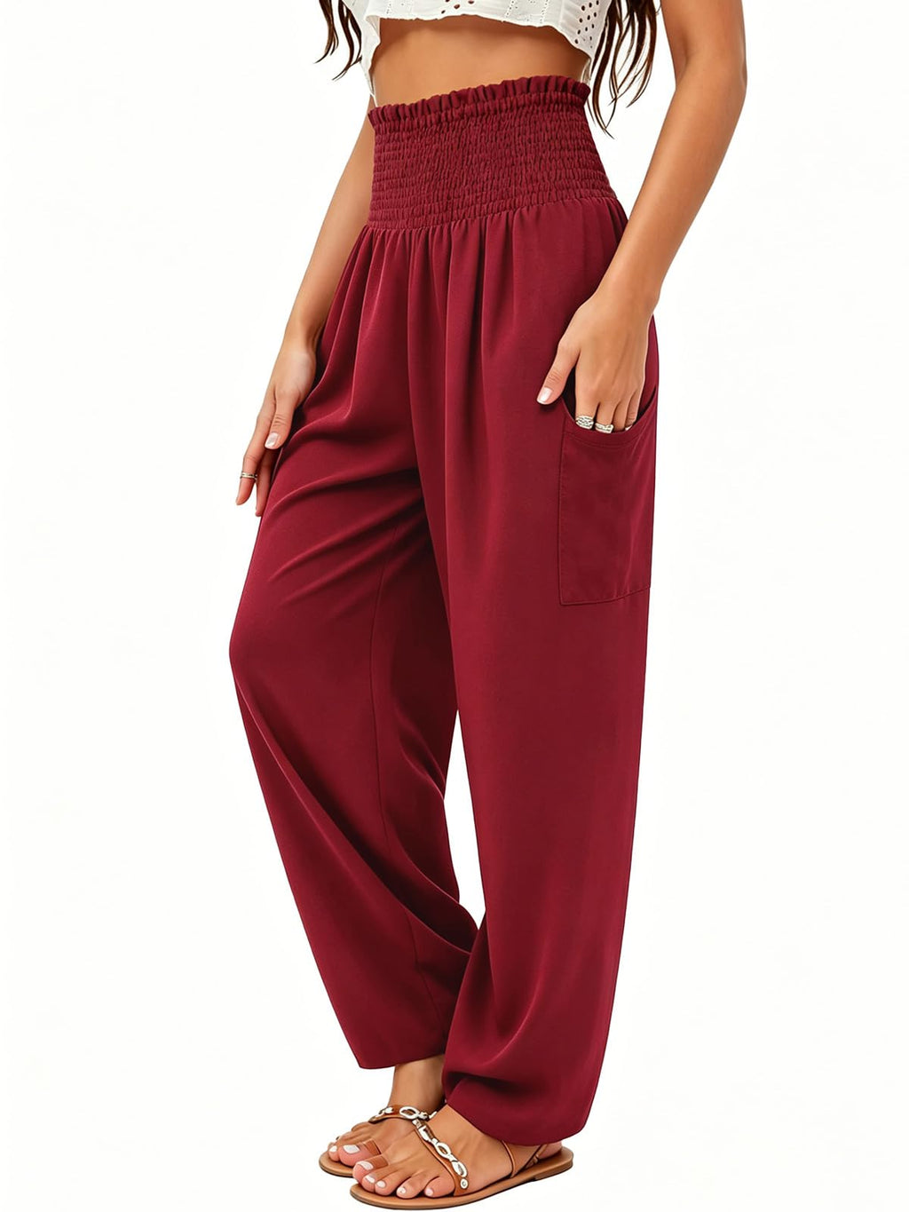 Qianxizhan Women's Harem Pants High-Waist Yoga Boho - Red Wine