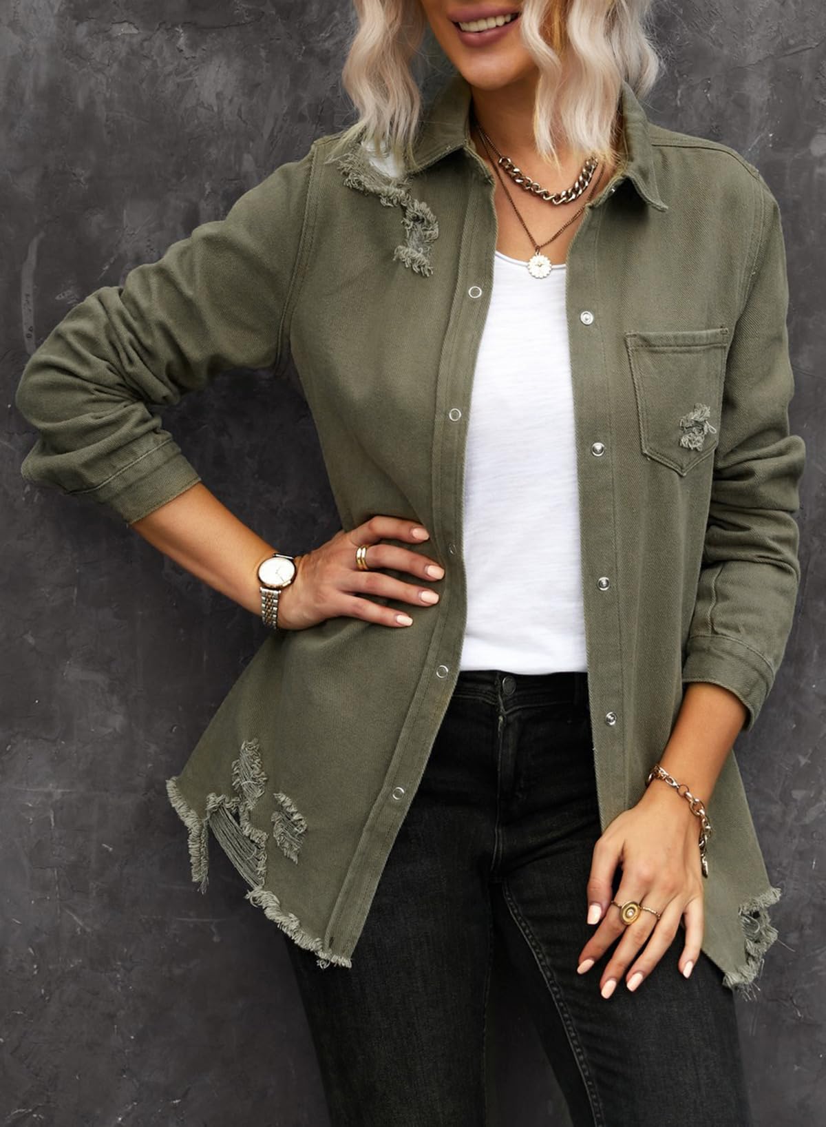 Dokotoo Womens Long Sleeve Button Down Oversized Jean Denim Jacket Khaki XL - A1