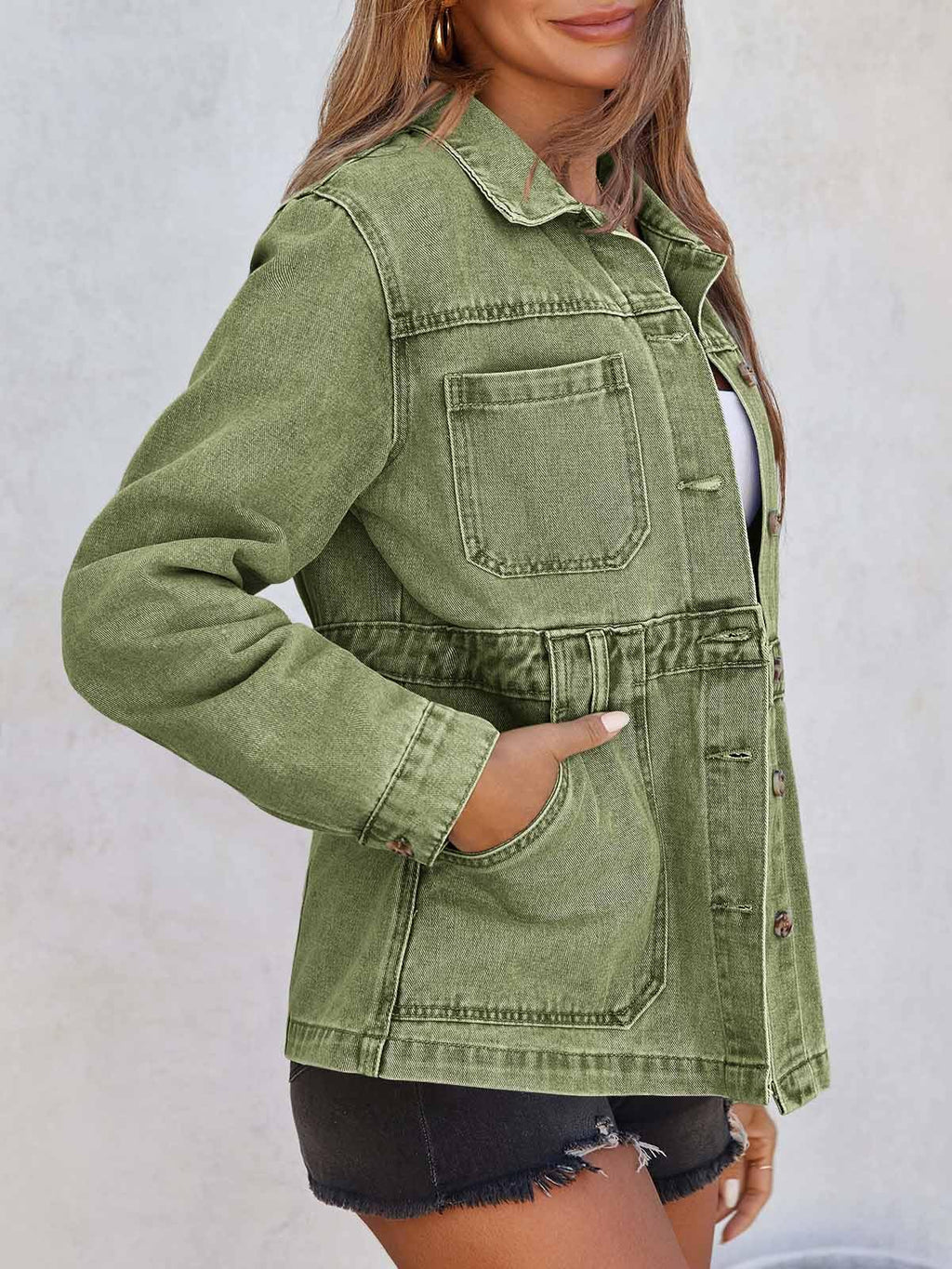 Tankaneo Womens Denim Jacket Distressed Jean Oversized Shacket - Army Green