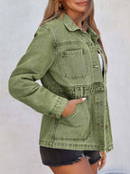 Tankaneo Womens Denim Jacket Distressed Jean Oversized Shacket - Army Green