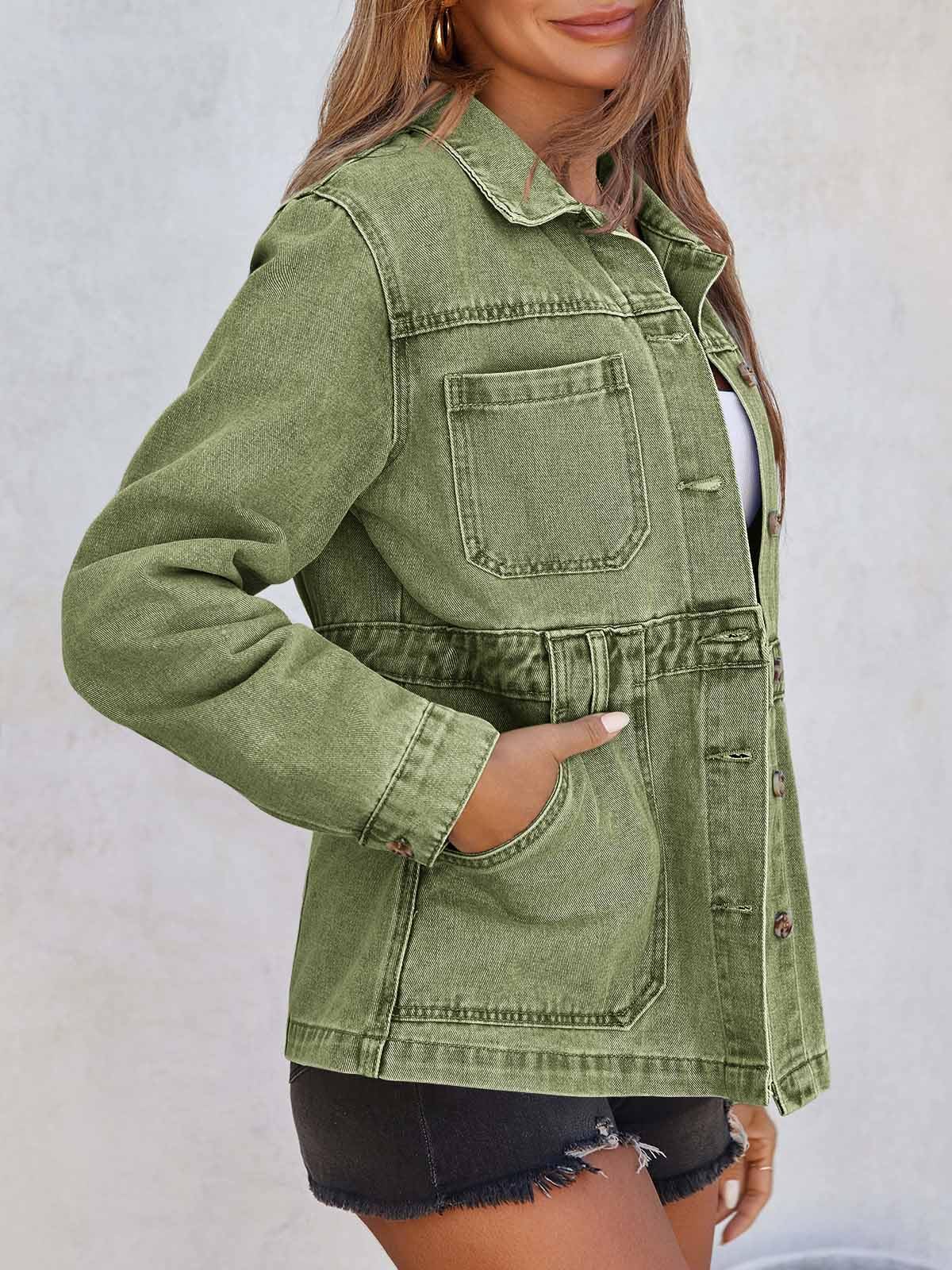Tankaneo Womens Denim Jacket Distressed Jean Oversized Shacket - Army Green