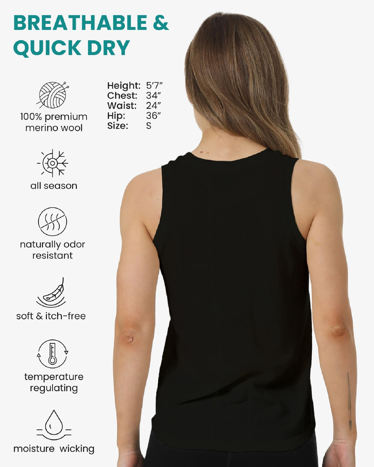 100% Merino Wool Tank Top Women - Active Sleeveless Undershirt Base Layer (Small, H: Black)