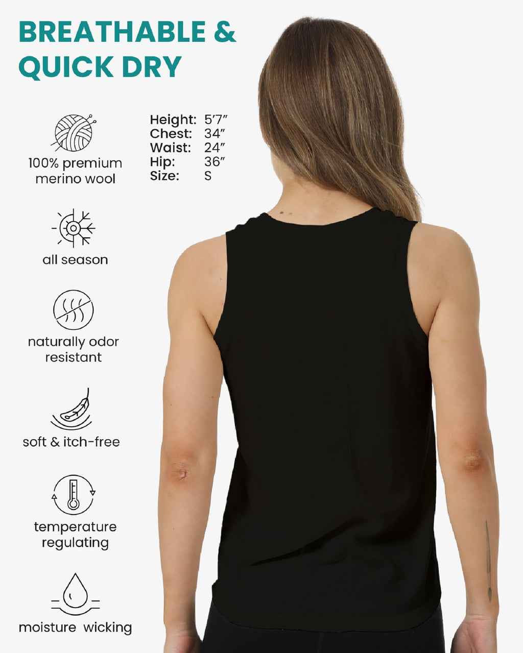 100% Merino Wool Tank Top Women - Active Sleeveless Undershirt Base Layer (Large, H: Black)