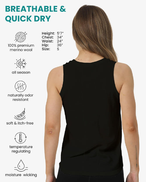 100% Merino Wool Tank Top Women - Active Sleeveless Undershirt Base Layer (Large, H: Black)