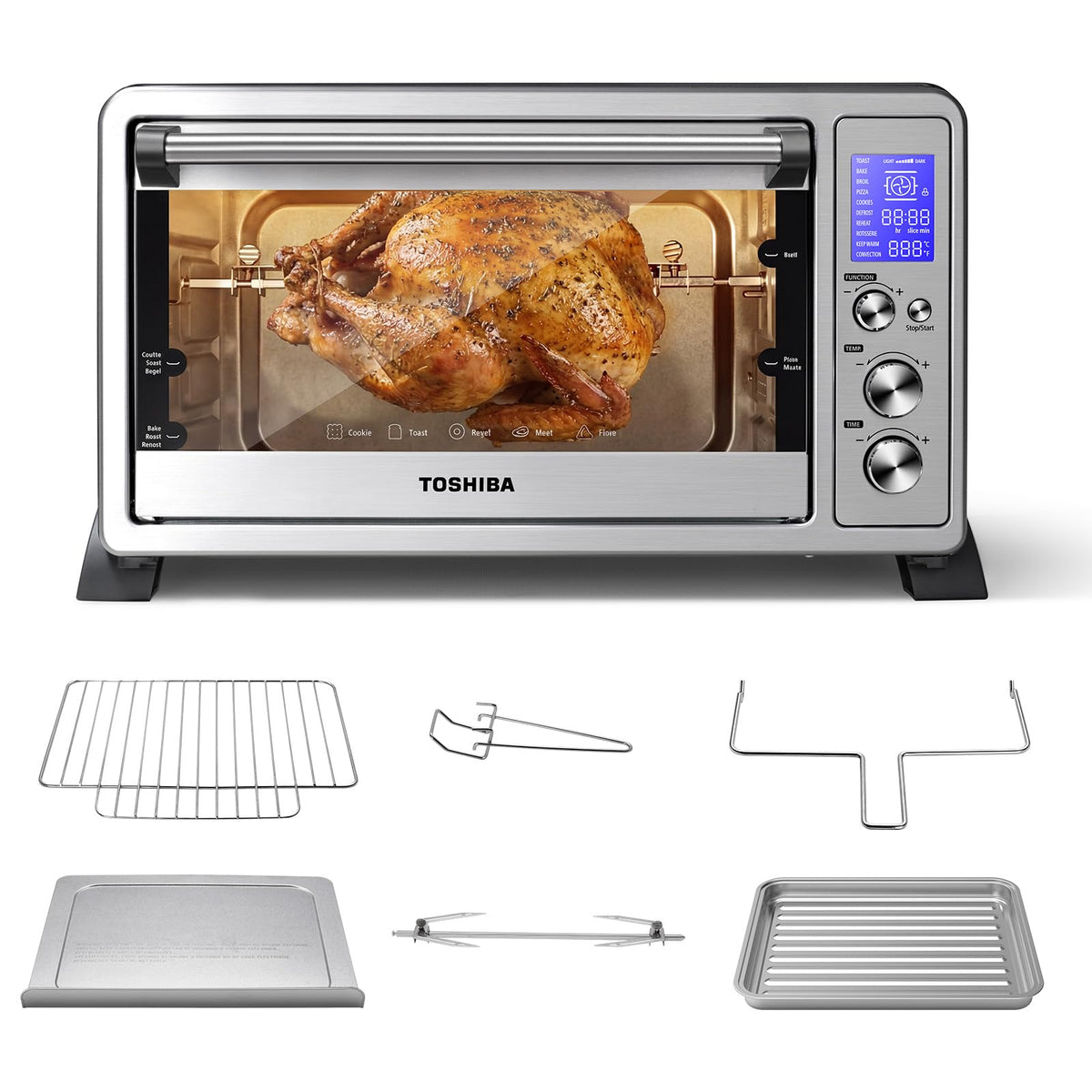 TOSHIBA 10-in-1 Convection Toaster Oven, 6-Slice Countertop Oven, 1500W with Toast, Bake, Broil, Rotisserie & Pizza Functions, LCD Knob Controls, 6 Accessories, Stainless Steel