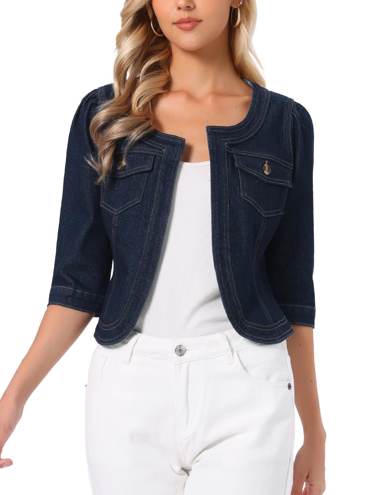 Allegra K Women's Denim Cardigan 3/4 Sleeve Collarless Jean Jackets - Blue