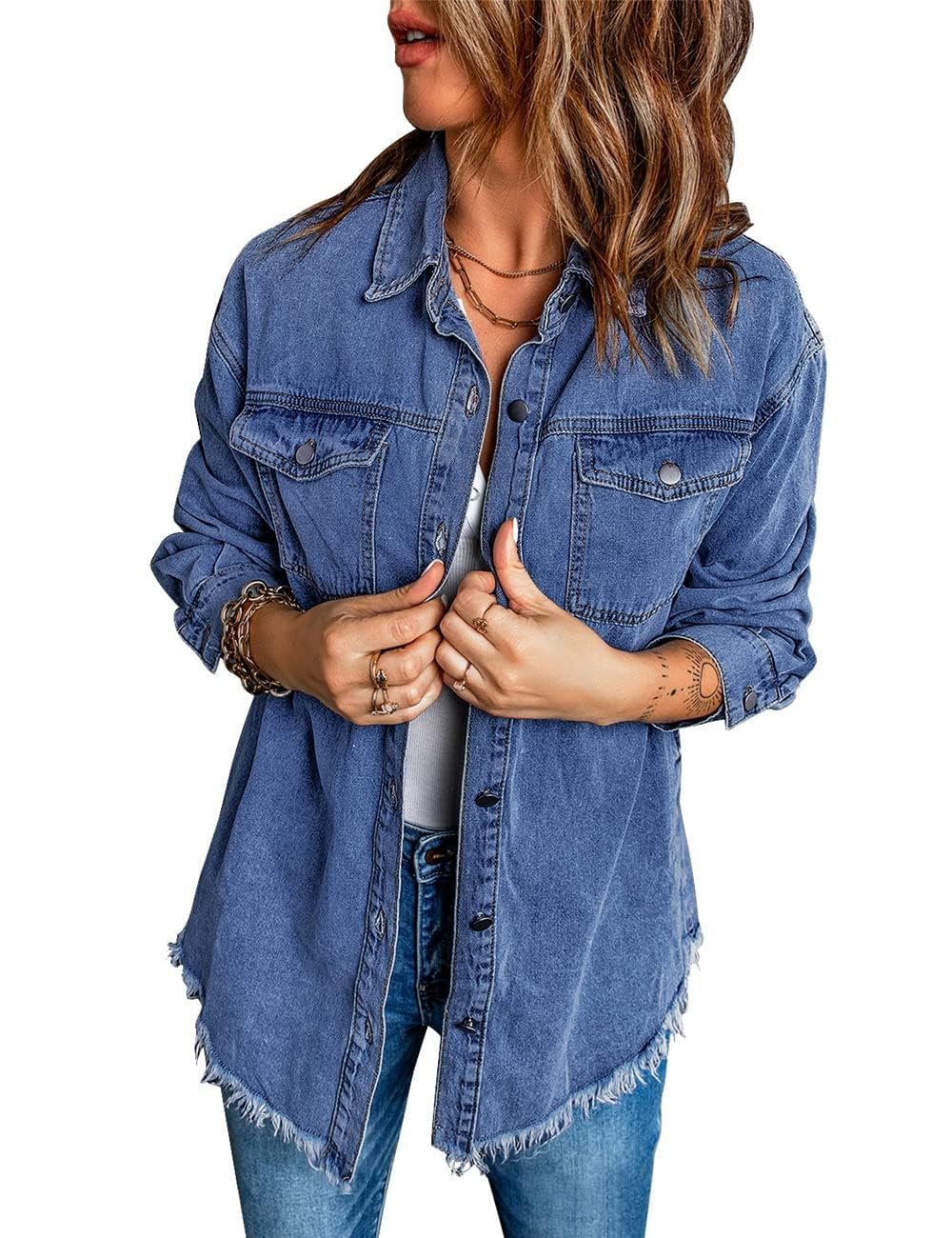 Vetinee Women's Womens Clothes Oversized Boyfriend Nightfall Blue Front Button Up Frayed Raw Hem Long Sleeve Pockets Denim Jean Jacket