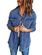 Vetinee Women's Lightweight Jacket Women Oversized Boyfriend Nightfall Blue Front Button Up Frayed Raw Hem Long Sleeve Pockets Denim Jean