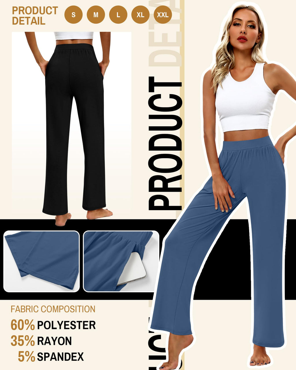 Huukeay 3 Pack Women's Lounge Pants Cozy Sweatpants - Black, Denim