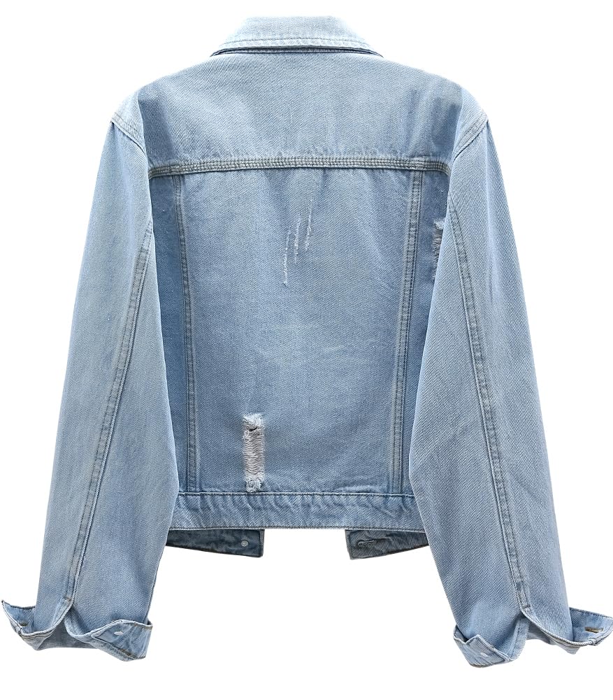 Kedera Denim Jacket For Women Ripped Classic Trucker Jackets Basic Button Down Fitted Jean - Wash Blue