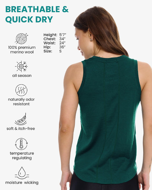 100% Merino Wool Tank Top Women - Active Sleeveless Undershirt Base Layer (Large, H: Forest Green)