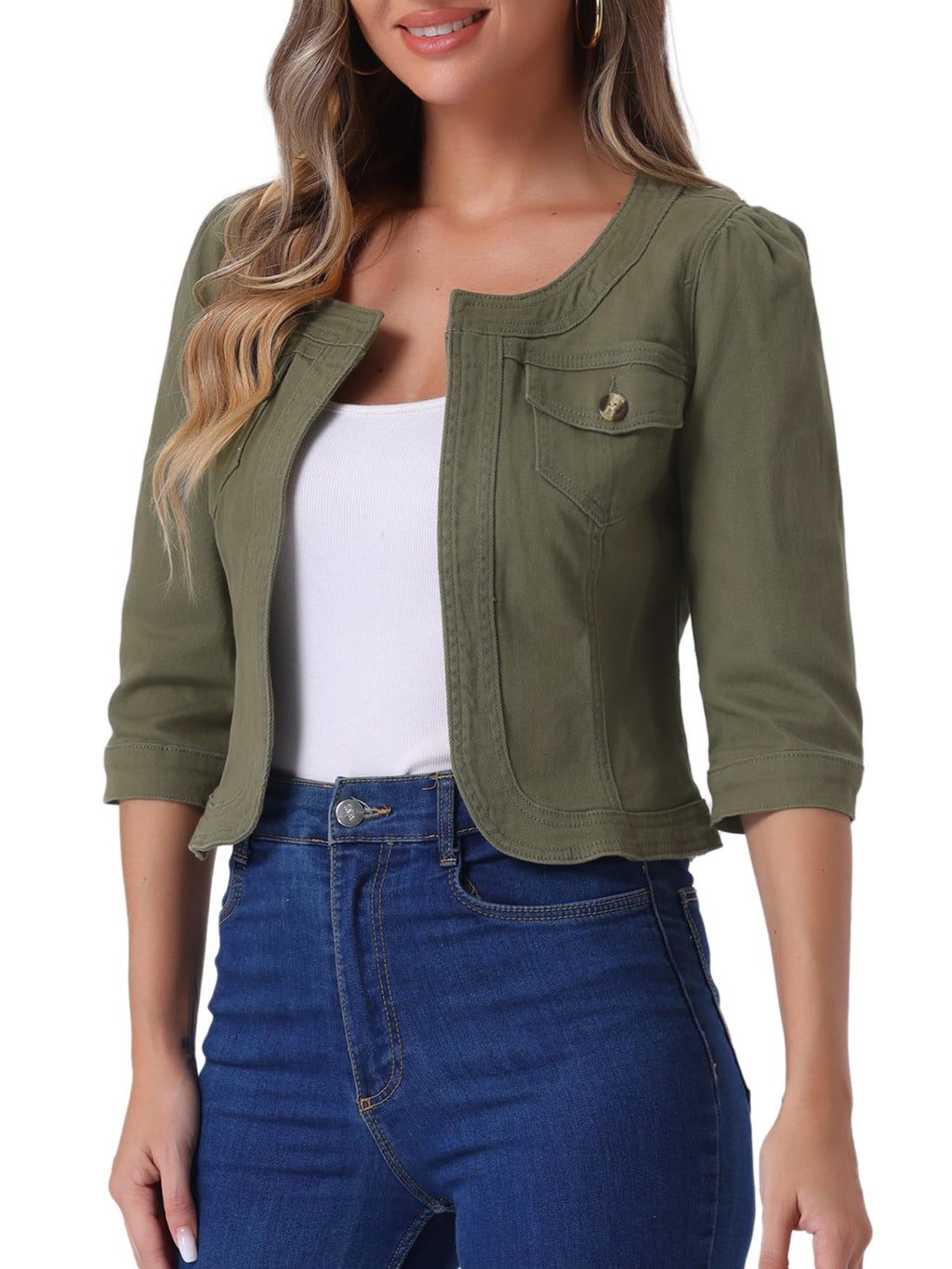 Allegra K Women's Denim Cardigan 3/4 Sleeve Collarless Jean Jackets - Army Green